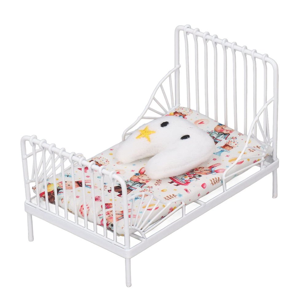 1:12 Scale Dollhouse Furniture Mini Bed Set Decorative Pillow Metal Frame Realistic Miniature Bed White (A)