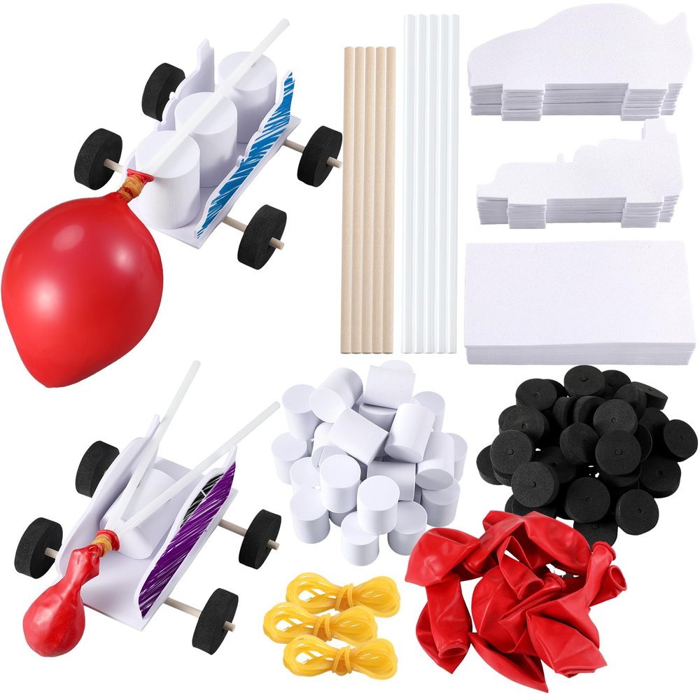 10 Sets Balloon Power Car Kits DIY Balloon Powered Recoil Car Set Stem Assembly Set for Kids Classroom Stem Educational and Science Activities