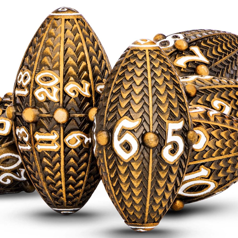 ARUOHHA DND Metal Dice Antique Gold Dragon Egg Dice with Metal Box, Role Playing Game RPG Polyhedral D and D Dice Set D20 D12 D10 D8 D6 D4