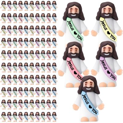 Bememo 100 Pcs Little Jesus Figures Jesus Loves You Original Design Pocket Rubber Little Figures to Hide and Seek Sunday Religious Party Share Easter Gifts(Macaron Colors)