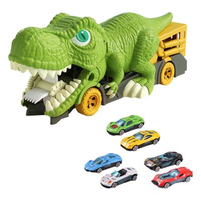 Almencla Dinosaur Transport Truck with Mini Cars Portable Novelty Storage Dinosaur Car Vehicles Playset for Kindergarten Birthday Gift, 6 Small Cars