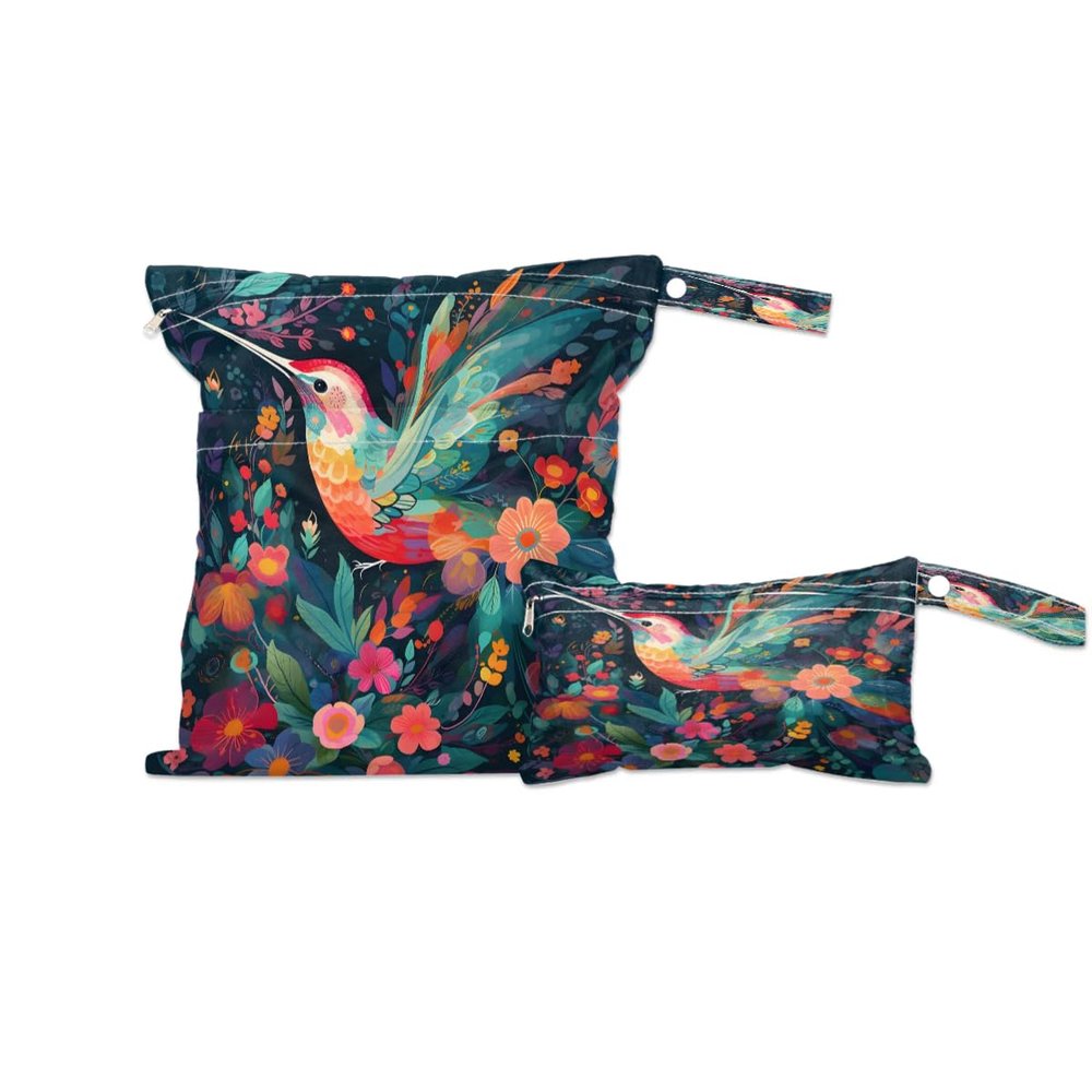 Wet Bag 2Pcs Wet Dry Bag Waterproof Travel Laundry Bags Colorful Floral Hummingbird Swimsuit Bags Storage Cloth Diaper Wet Bags Bathing Suit 0rganizer Bags for Beach, Yoga, Gym, Pool