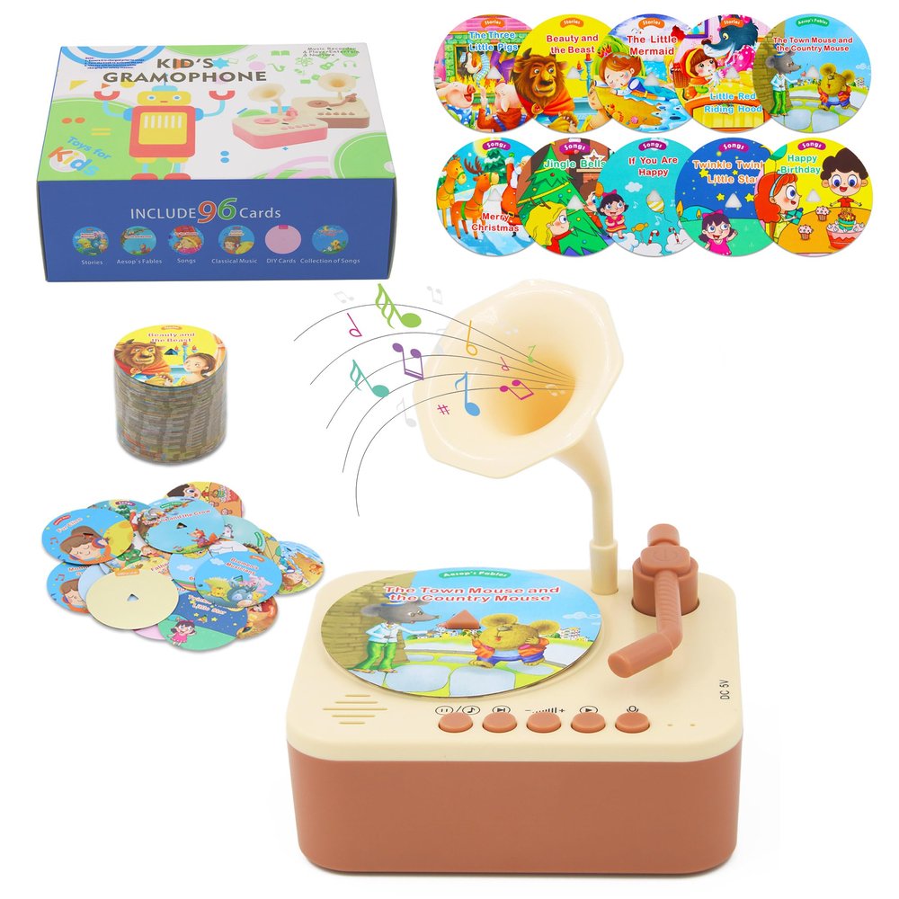 Kids Record Player, Kids Phonograph with 99 Cards, Story Telling & Songs & DIY Record, Toddler Music Toys Ideal for Boys Girls 3 4 5 Year Old