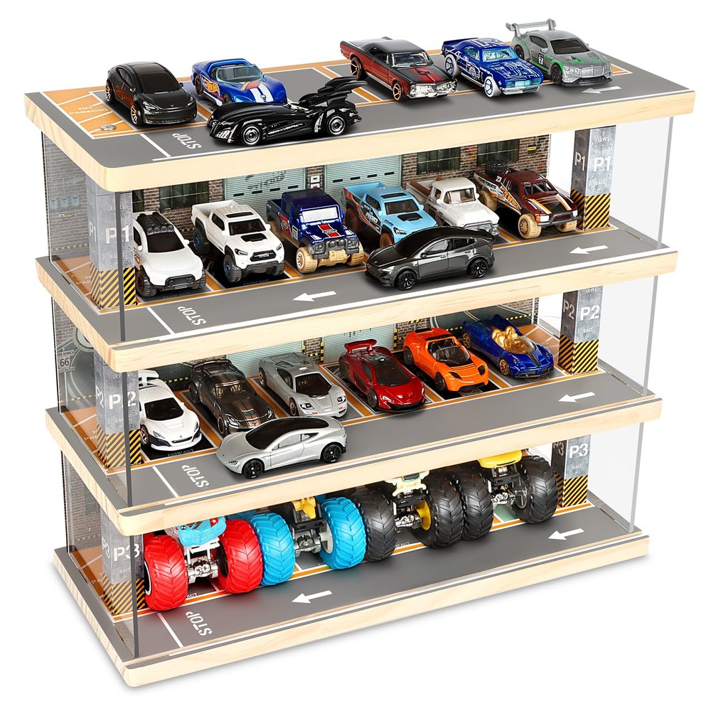Saichotoy Storage for Hot Wheels: Toy Car Parking Garage Diorama with Lights - Freestanding Display Case for 1/64 Scale Diecast Cars with 4 Levels 24 Spots Maximum 40 Cars