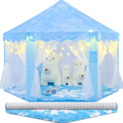 CUBNBUD Frozen Princess Tent with Snowflake Lights and Rug for Girls Age 4-7, Kids Play Tent for Girls Indoor, Princess Castle Playhouse for Toddlers, Blue Frozen Toy 55x53 inch