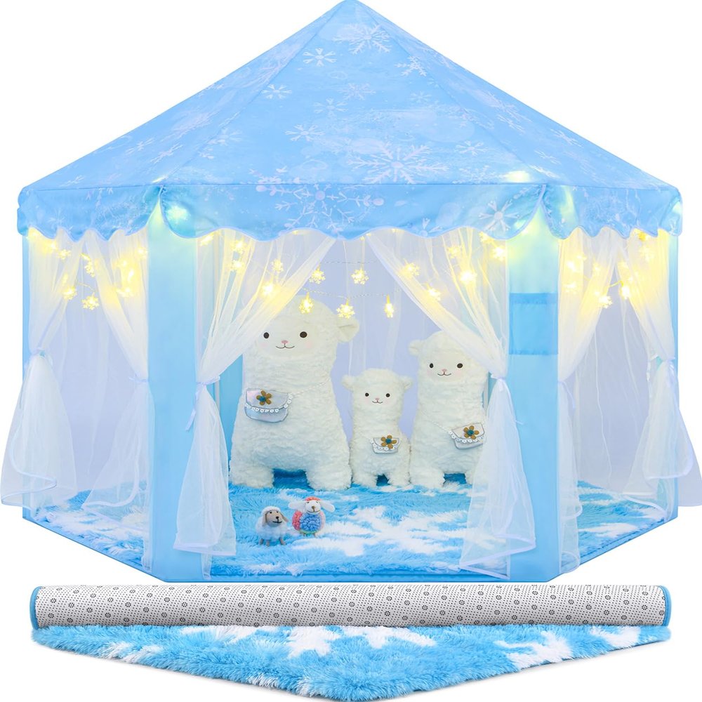 CUBNBUD Frozen Princess Tent with Snowflake Lights and Rug for Girls Age 4-7, Kids Play Tent for Girls Indoor, Princess Castle Playhouse for Toddlers, Blue Frozen Toy 55x53 inch