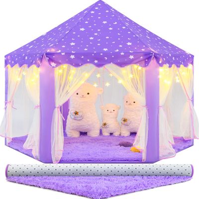 CUBNBUD Purple Princess Tent with Lights and Rug, Playhouse for Girls Age 4-7, Kids Play Tent for Girls Indoor, Castle Playhouse for Toddlers, Princess Toy 55x53 inch