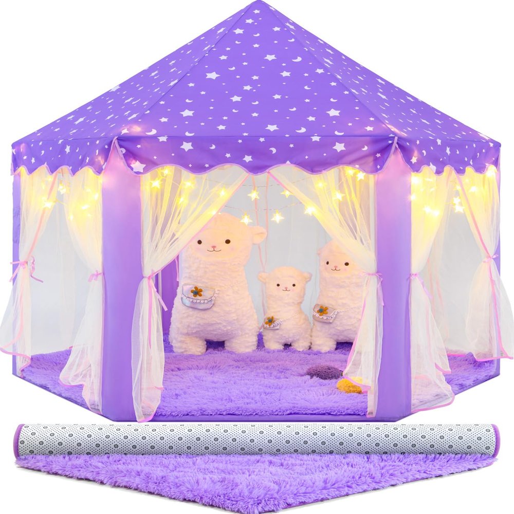 CUBNBUD Purple Princess Tent with Lights and Rug, Playhouse for Girls Age 4-7, Kids Play Tent for Girls Indoor, Castle Playhouse for Toddlers, Princess Toy 55x53 inch