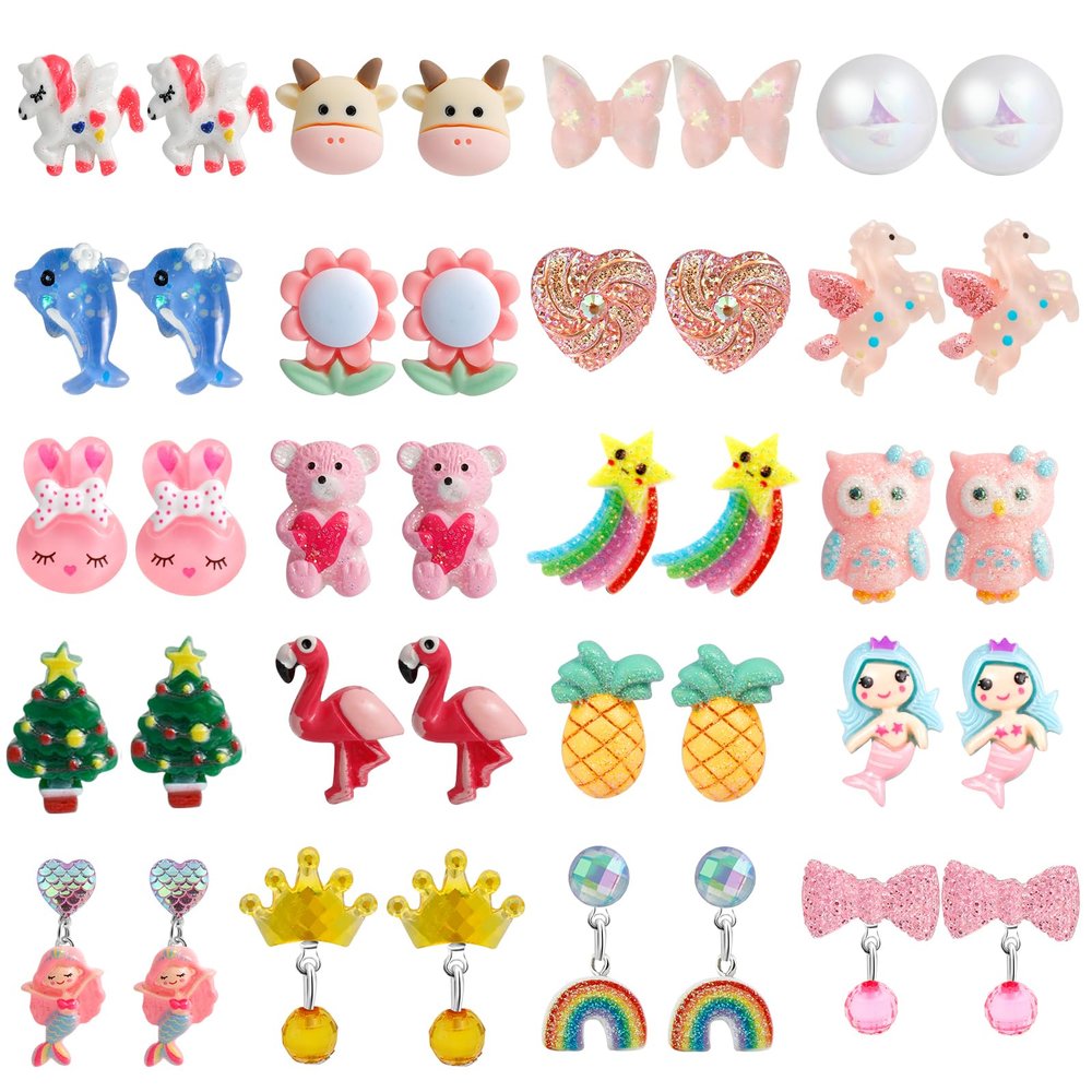 DEVIENG Clip On Earrings Hypoallergenic Clips Earrings Sets Suitable for Ages 4-12 Little Girls, Cute Small Clips On Earrings Jewelry Gifts Set (Clip On Earrings-20 Pairs)