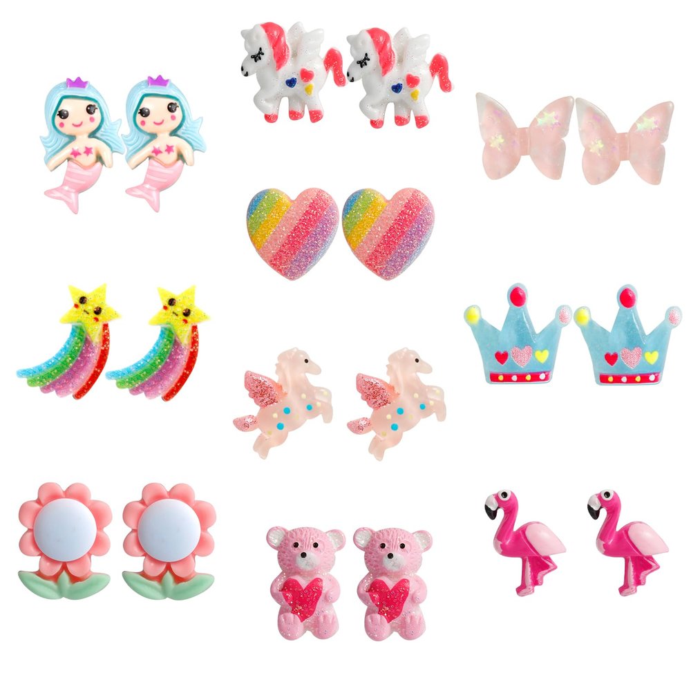 DEVIENG Clip On Earrings Hypoallergenic Clips Earrings Sets Suitable for Ages 4-12 Little Girls, Cute Small Clips On Earrings Jewelry Gifts Set (Clip On Earrings-10 Pairs)
