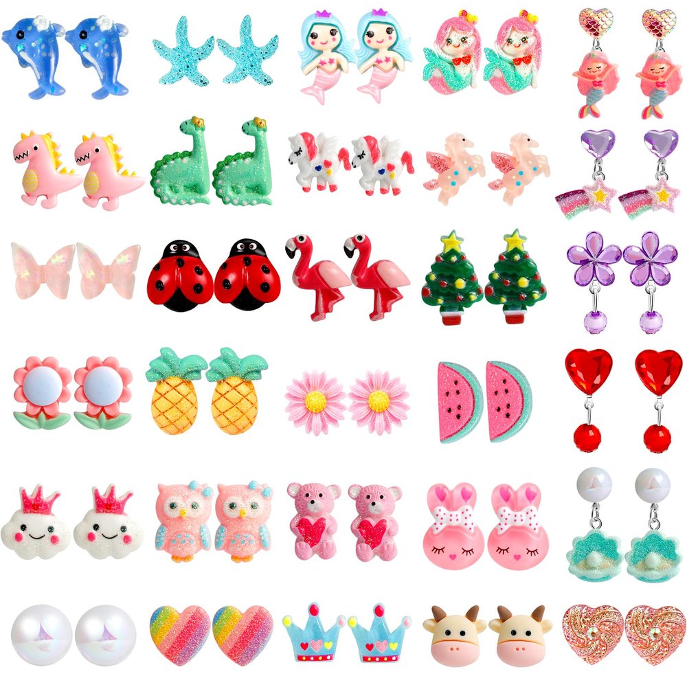 DEVIENG Clip On Earrings, 30 Pairs Hypoallergenic Clips Earrings Sets Suitable for Ages 4-12 Little Girls, Cute Small Clips On Earrings Jewelry Gifts Set