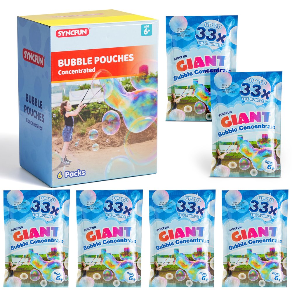 SYNCFUN 6 Packs Giant Bubble Solution (Up to 4.5 Gallons), 6 Pouches Concentrated Solution Refill for Bubble Machine, Wands, Blower, Easter, Outdoors Activity