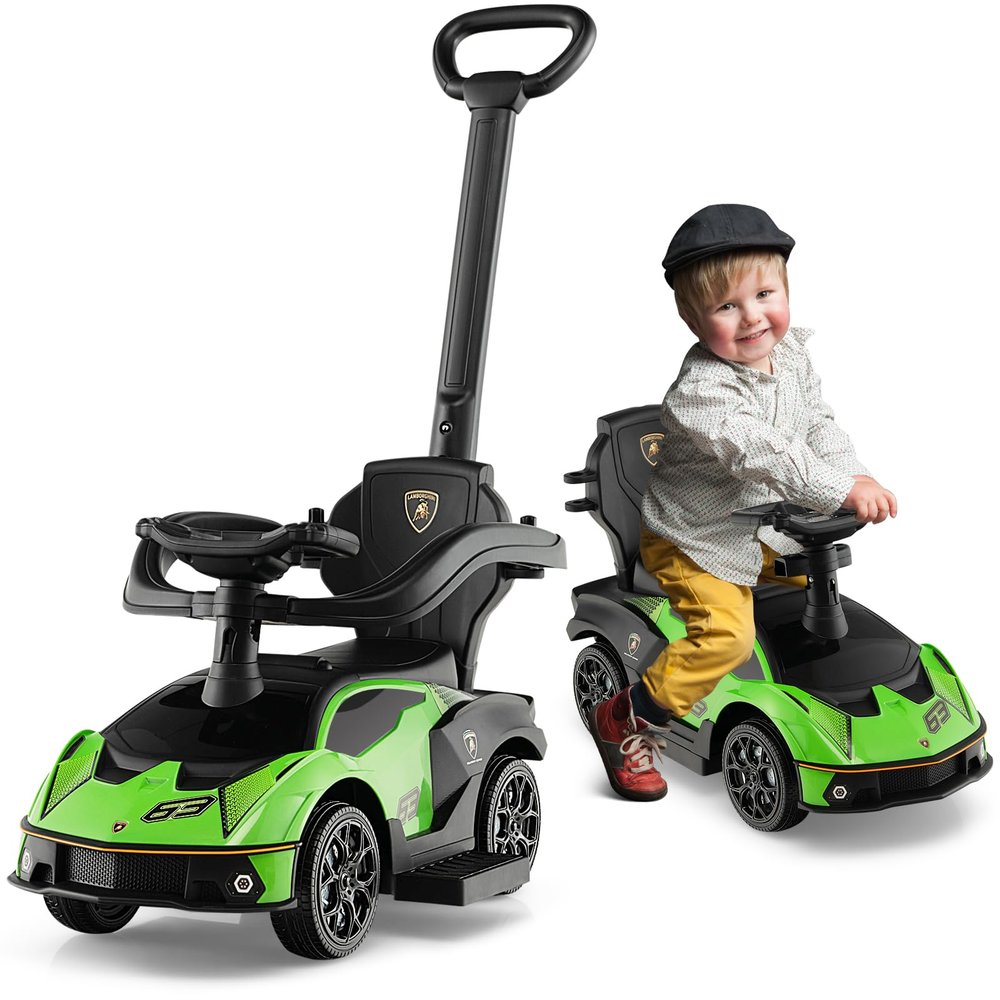 Nightcore 3-in-1 Push Car for Toddlers, Licensed Lamborghini Stroller Sliding Car with Push Handle & Arm Guardrails, Horn, Under Seat Storage, Ride on Kids Toy Car for Boys & Girls (Green)