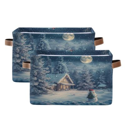 Nander Happy Christmas Eve Storage Basket 2PCS,Foldable Storage Bin Waterproof Laundry Basket Storage Box with Handle for Home Closet & Office Living Room