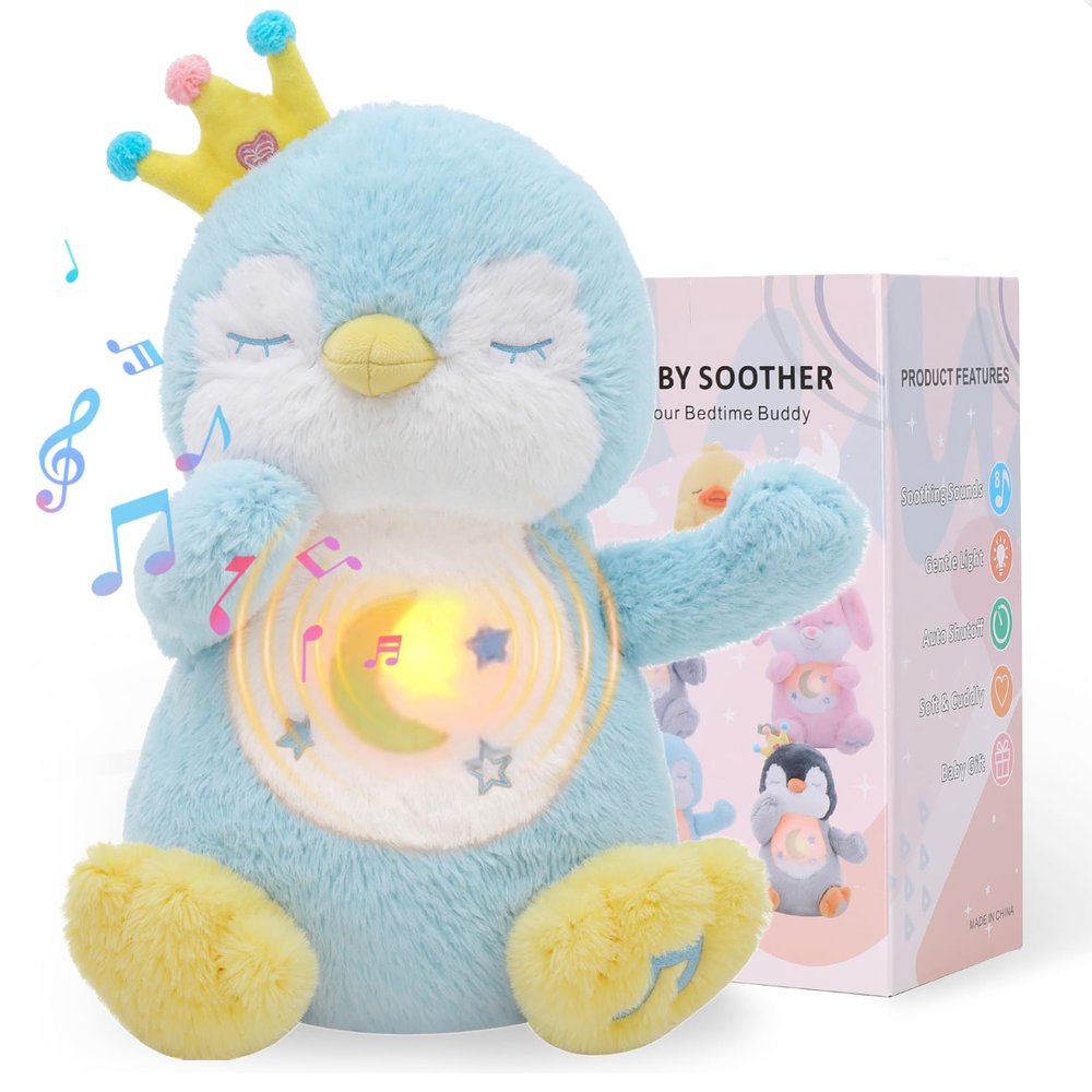 Emoin Penguin Stuffed Animal, Breathing Penguin Plush Baby Toy Sleep Buddy with Realistic Breathing Motion and Lights Music for Adults and Kids-Blue