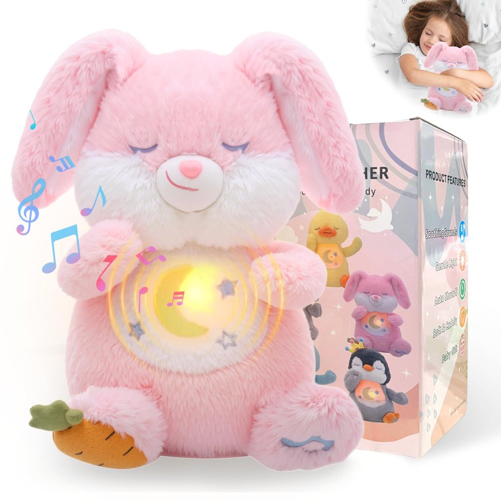 Emoin Breathing Bunny Plush, Breathing Stuffed Animal Sleep Buddy Bunny Teddy Plush with Light and Musical Doll for Adults and Kids,Anxiety Teddy for Adults