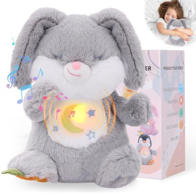 Emoin Breathing Stuffed Animal, Breathing Easter Bunny Plush Sleep Buddy with Realistic Breathing Motion and Lights Music Baby Easter Basket Stuffers for Adults and Kids-Grey