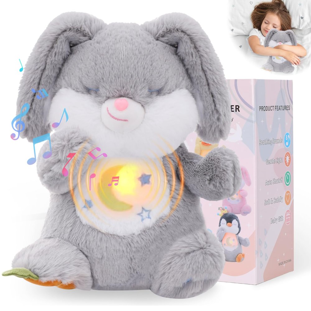 Emoin Breathing Stuffed Animal, Breathing Easter Bunny Plush Sleep Buddy with Realistic Breathing Motion and Lights Music Baby Easter Basket Stuffers for Adults and Kids-Grey