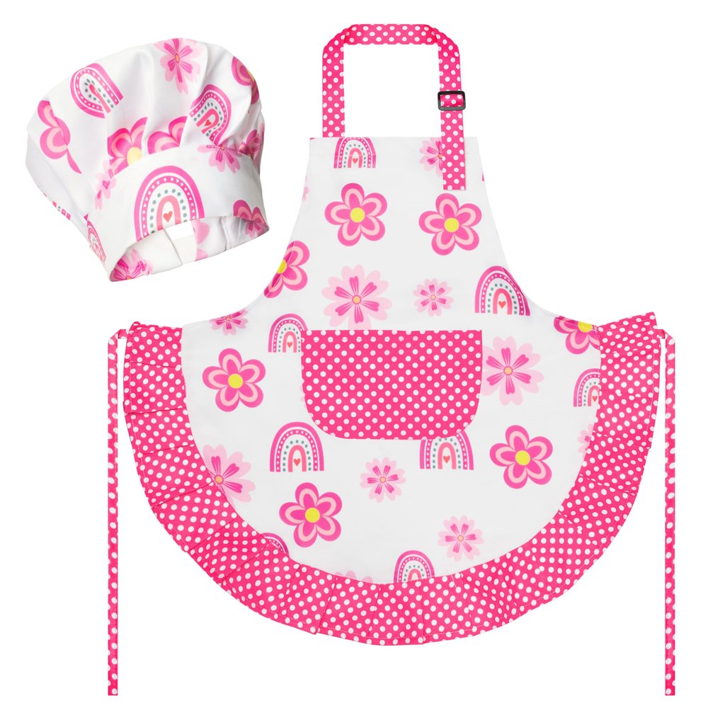R HORSE Kid Apron and Chef Hat Set - 2Pcs Adjustable Children Pink Rainbow Kitchen Toddler Apron for Girls, Role Play Chef Toy Cooking Baking Painting and Training Kits Kid Funny Cooking Birthday Gift