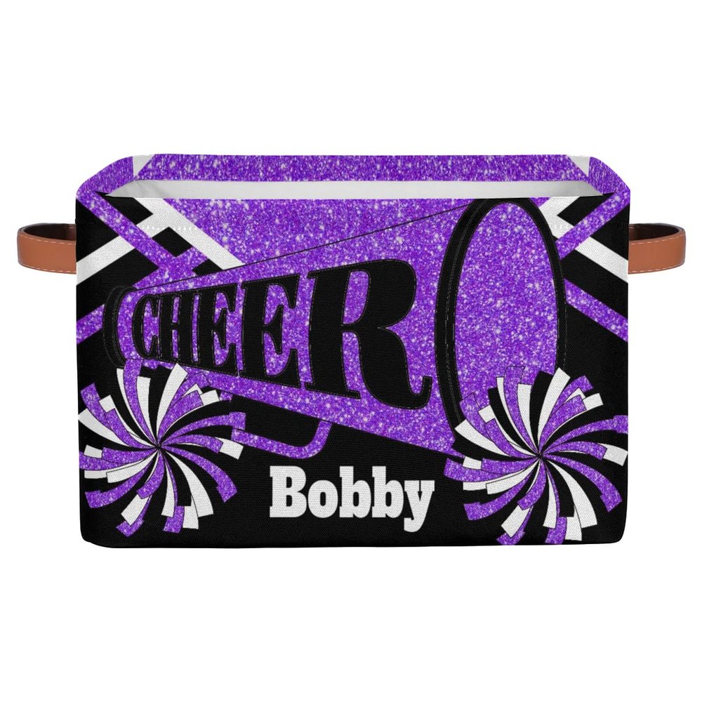 Personalized Name Cheerleading Storage Basket Handles for Girls, Canvas Storage Bins Toys Clothes Organizer for Bedroom, Kitchen, Bathroom, Nursery, Shelves, Closets, Bright Purple Glitters Cheer