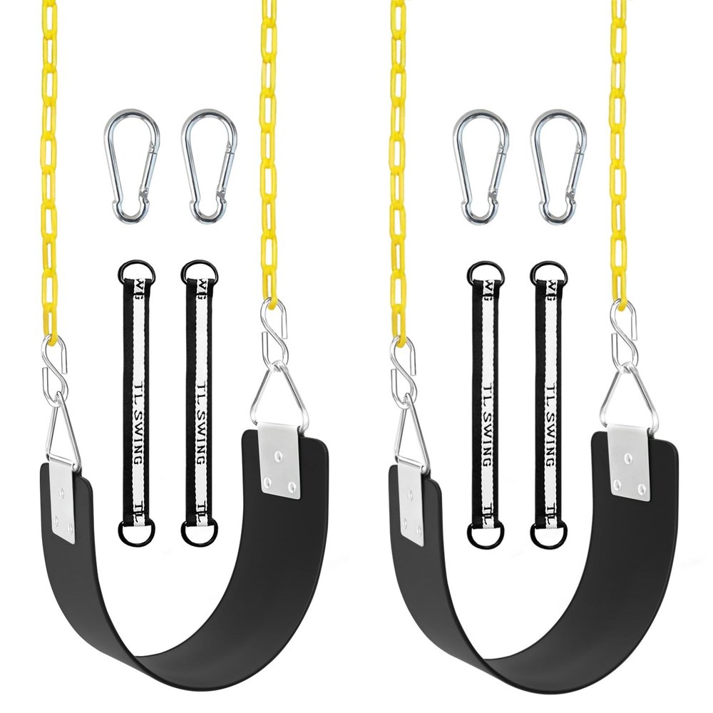 2 Pack Swing Set Seat with Metal Triangle Ring & 66Inch Anti-Rust Chains, Swing Replacement with Snap Hooks & Hanging Straps, Support 300lb for Outdoors Backyard Playground (Black X2)