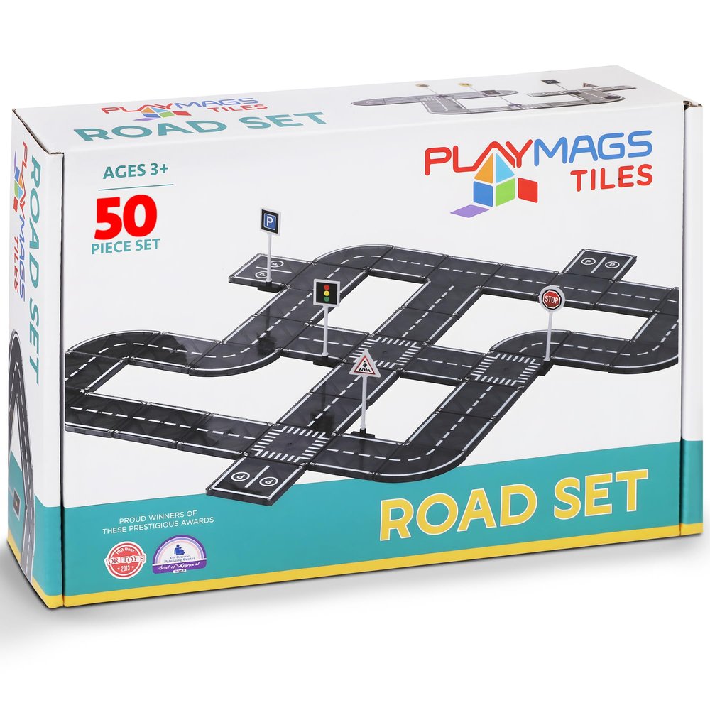 Playmags Magnetic Tiles Road Set - 50 Pcs STEM Educational Construction Toy Car Track, Building Blocks Magnet Toys for Toddlers, Safe for Ages 3+