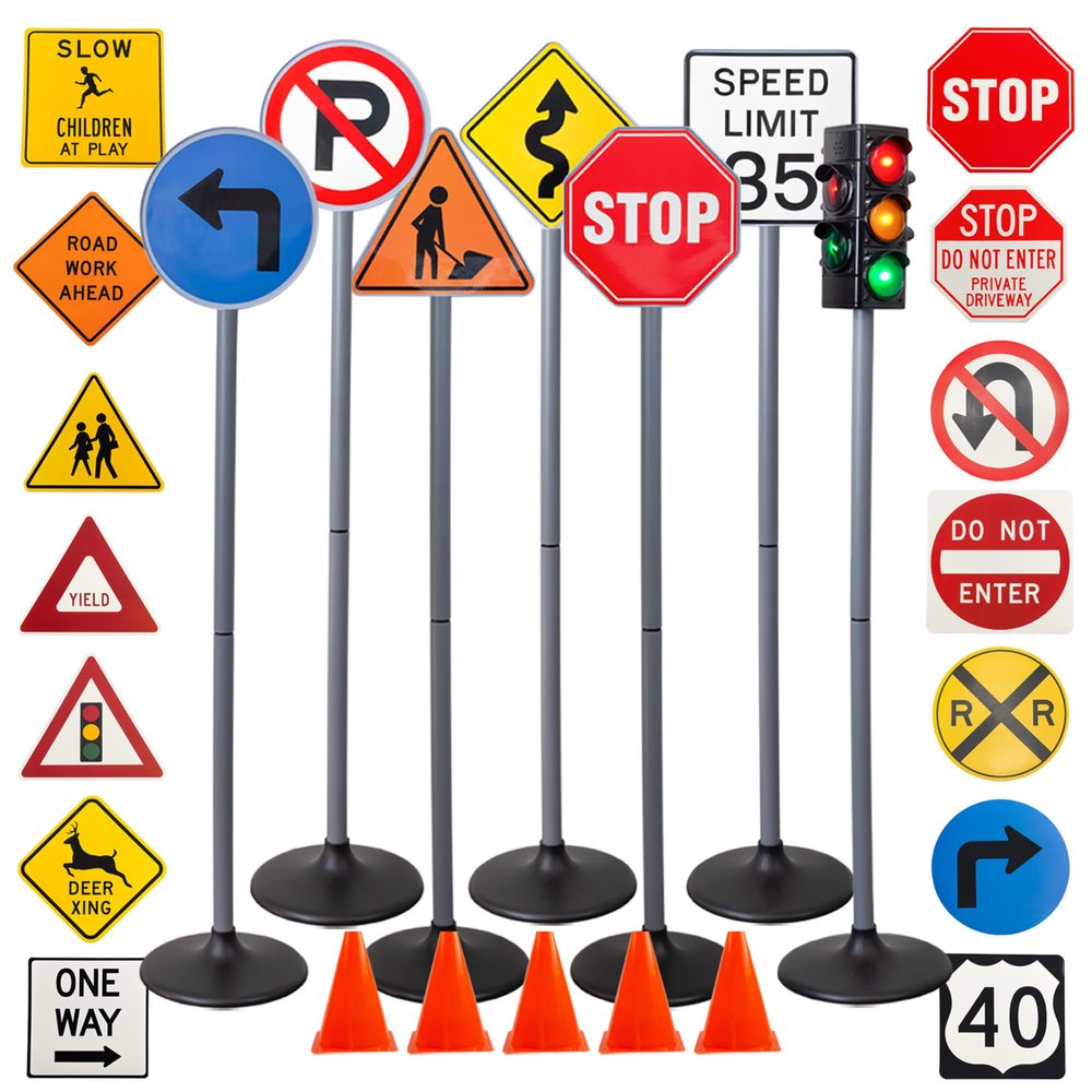 Attatoy Large Traffic Signs Playset (32pc Set), 42in Tall Street Sign and Traffic Light Set for Play with Ride-On Cars and Vehicles