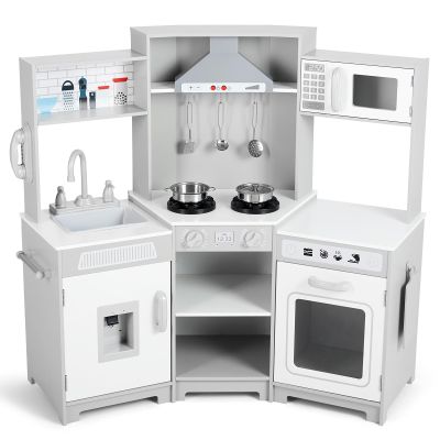 JOYLDIAS Kids Play Kitchen,Corner Wooden Pretend Toddler Kitchen Toys Playset with Realistic Lights & Sounds,Microwave Oven,Water Dispenser, Phone, Sink,Cooking Accessories, for Ages 3+, White