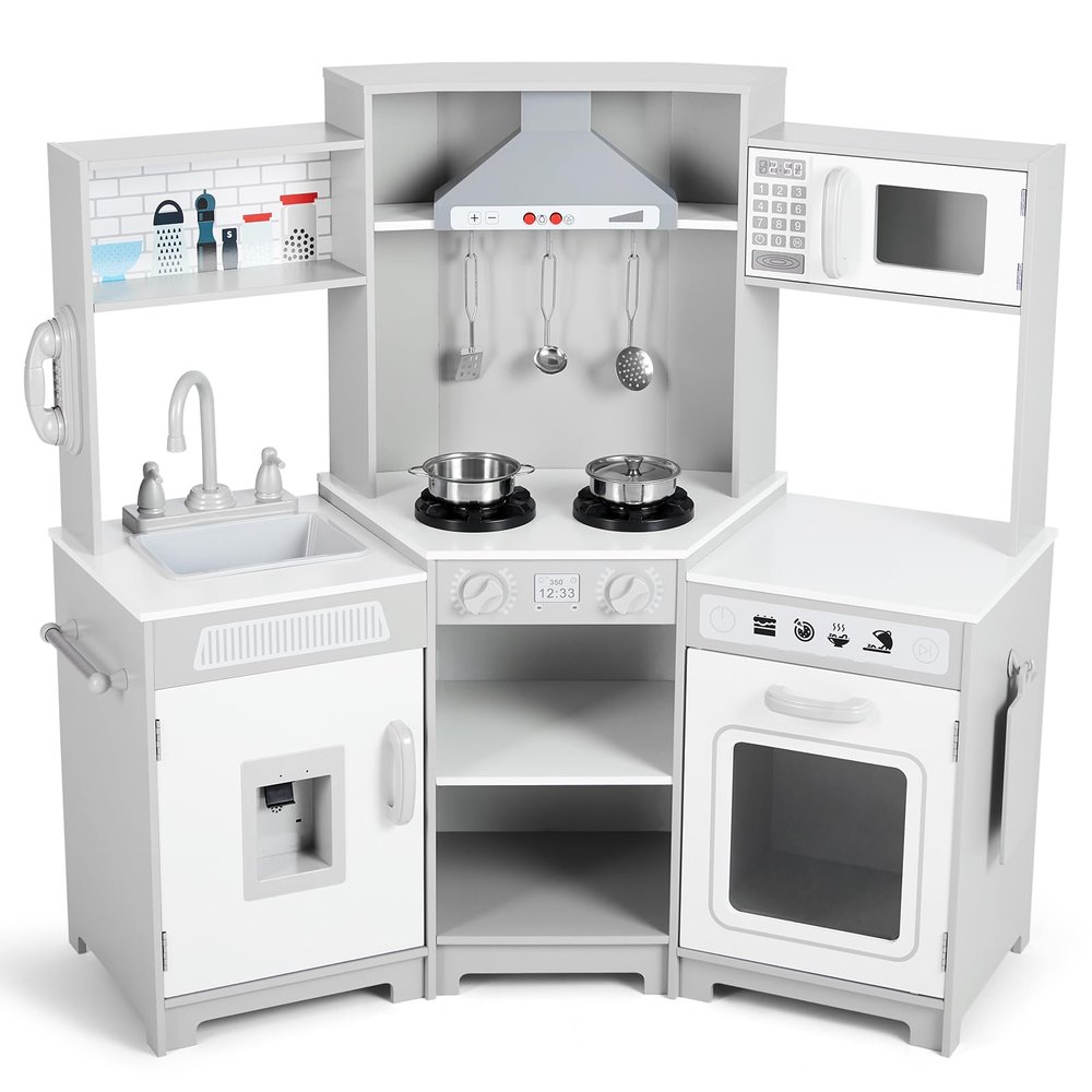 JOYLDIAS Kids Play Kitchen,Corner Wooden Pretend Toddler Kitchen Toys Playset with Realistic Lights & Sounds,Microwave Oven,Water Dispenser, Phone, Sink,Cooking Accessories, for Ages 3+, White