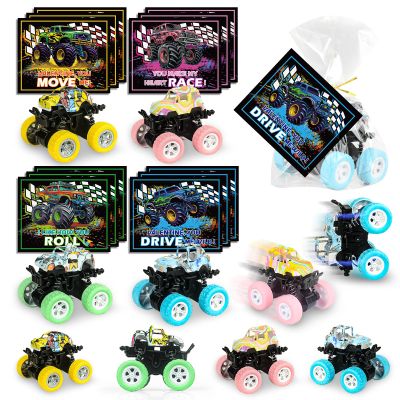 24 Pack Valentines Cards for Kids with Monster Truck Toys, Valentine's Greeting Cards for School Classroom Valentine's Gifts Exchange, Inertia Stunt Car Valentines Party Favors Prizes for Kids Boys