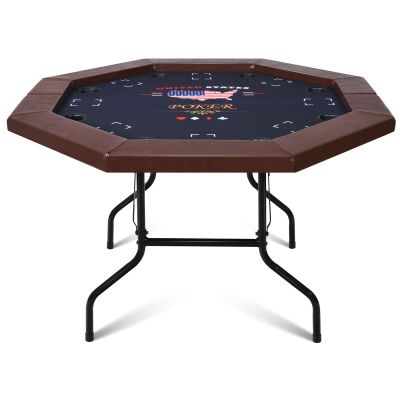 48" Poker Table Foldable, 8 Player Octagon Folding Portable Card Table with Padded Rail, 8 Deep Meatl Cup Holders & Casino-Grade Felt Surface for Texas Holdem, Blackjack, Easy Assembly (Brown)