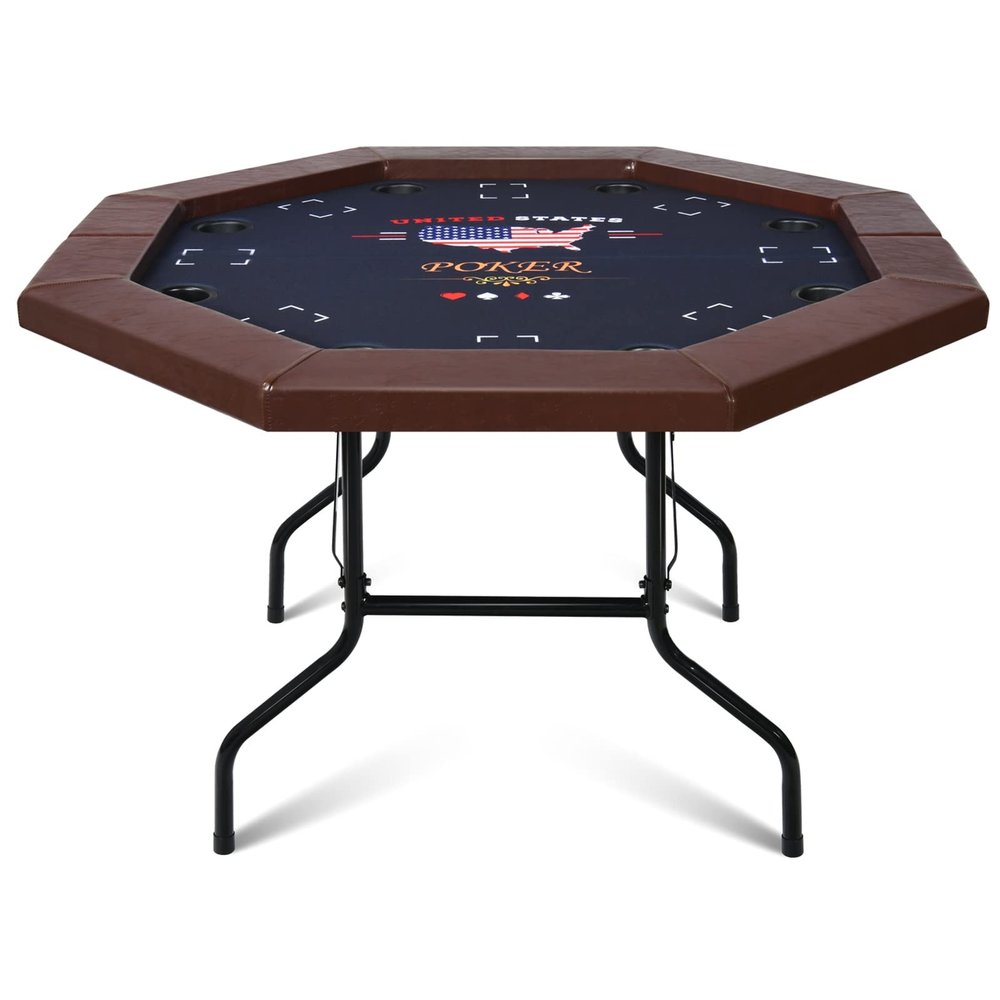 48" Poker Table Foldable, 8 Player Octagon Folding Portable Card Table with Padded Rail, 8 Deep Meatl Cup Holders & Casino-Grade Felt Surface for Texas Holdem, Blackjack, Easy Assembly (Brown)