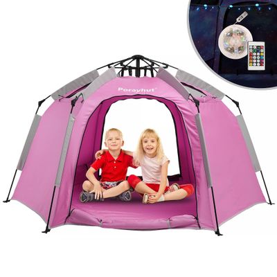 Portable Hexagon Kids Play Tent with LED Strip Lights Indoor Children Play House Easy Set-up Space Dream Tent for Night 4-5 Person & Birthday Gifts