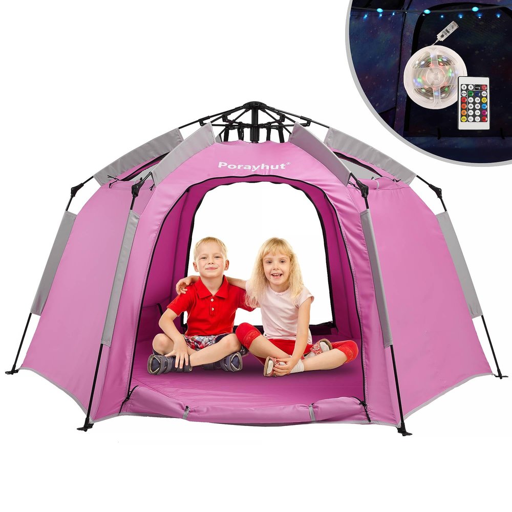 Portable Hexagon Kids Play Tent with LED Strip Lights Indoor Children Play House Easy Set-up Space Dream Tent for Night 4-5 Person & Birthday Gifts