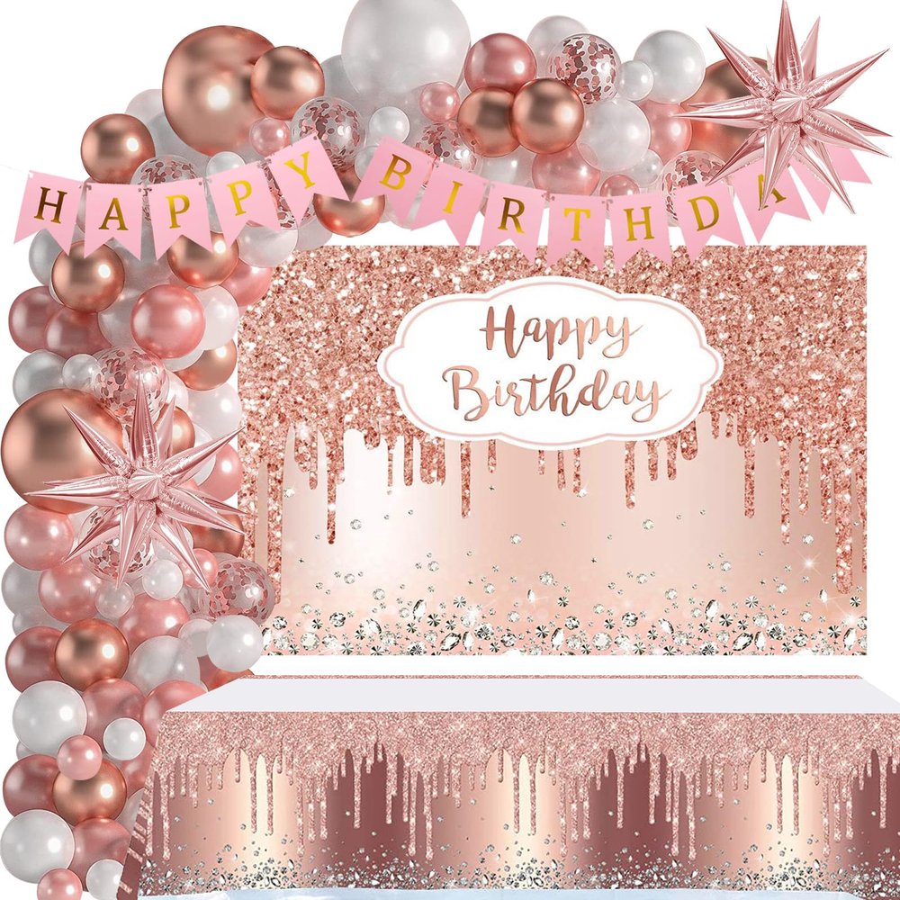 Rose Gold Birthday Party Decorations, 121PCS Happy Birthday Party Supplies Including Backdrop, Balloon Arch/Garland Kit, Tabblecloth, Banner for Women