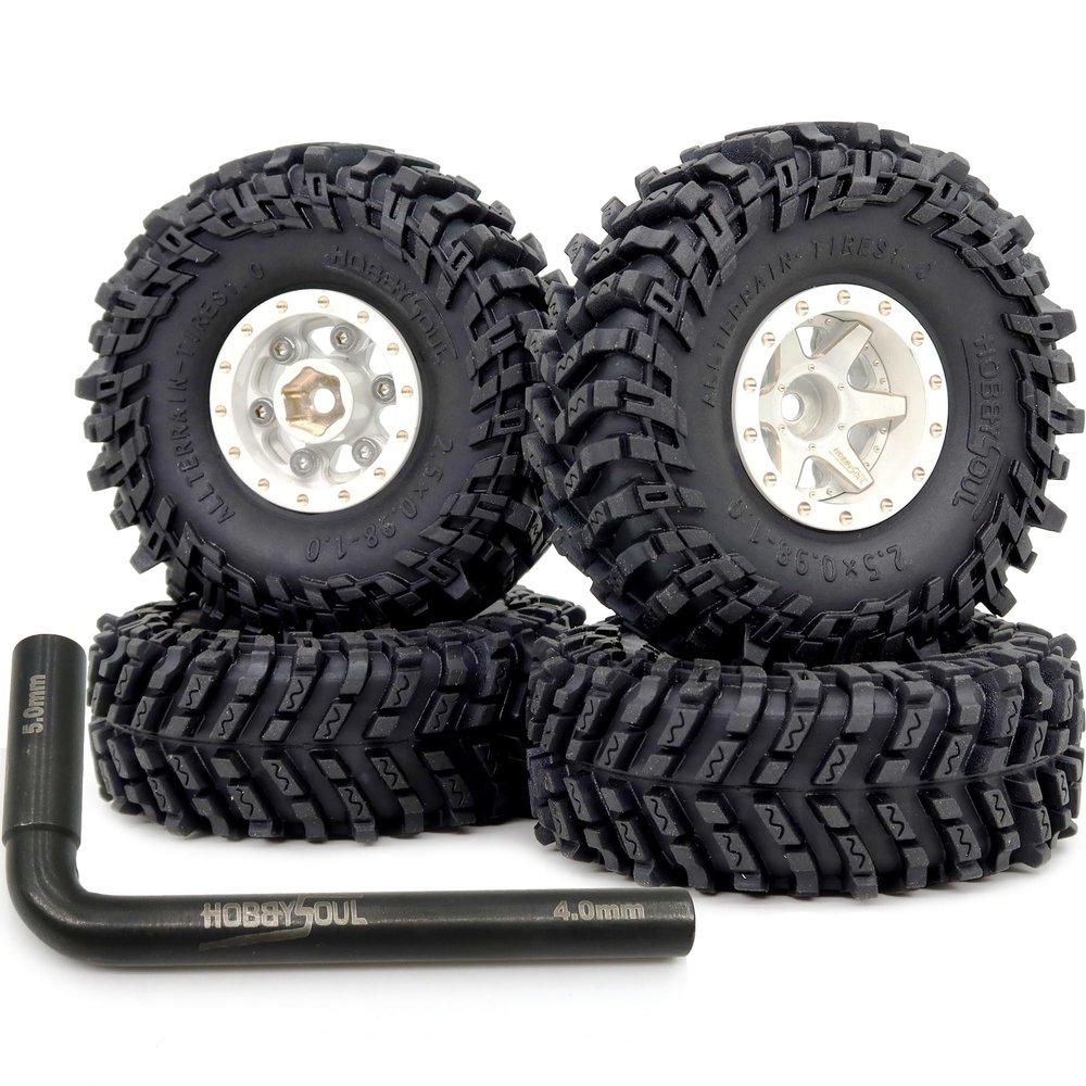 HOBBYSOUL 64mm 1.0 All Terrain Tires F/R Mounted Brass 1.0 beadlock Wheels Rims Negative Offset 1.0 Wheels Tires Tyre for RC Mud Crawler 1/24 SCX24 AX24 1/18 TRX4M