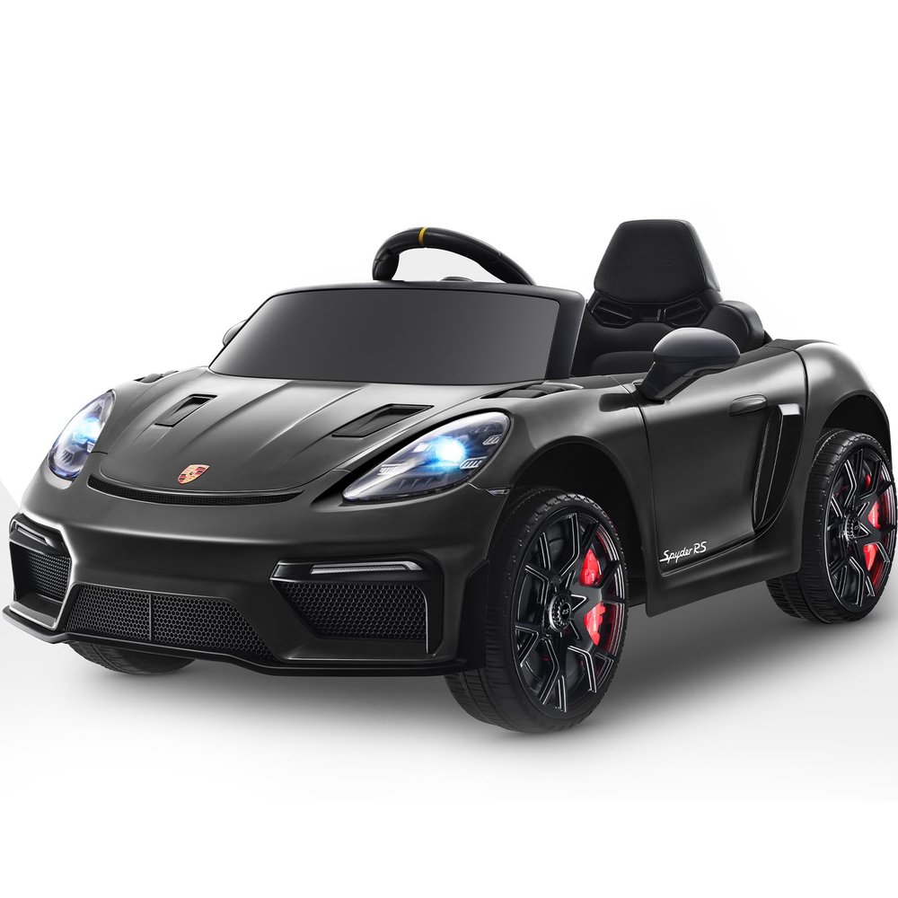 12V Ride on Car Licensed Porsche 718, Kids Electric Car with Remote Control, Front/Rear LED Light, Radio, USB/AUX, Openable Doors, Suspension Function, Durable Tires (Black)