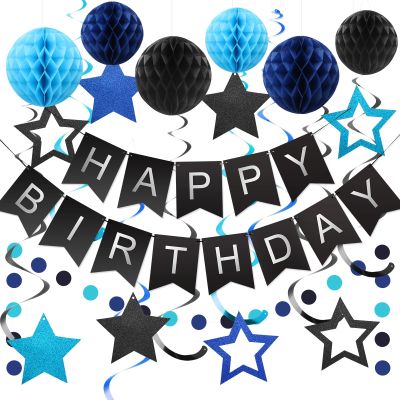 meowtastic Birthday Decorations, Happy Birthday Banner with Honeycomb Ball, Stars Hanging Swirl Streamer, Circle Dots Garland, Happy Birthday Party Decorations for Women Men Boys Girls (Black & Blue)