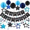 meowtastic Birthday Decorations, Happy Birthday Banner with Honeycomb Ball, Stars Hanging Swirl Streamer, Circle Dots Garland, Happy Birthday Party Decorations for Women Men Boys Girls (Black & Blue) view 1