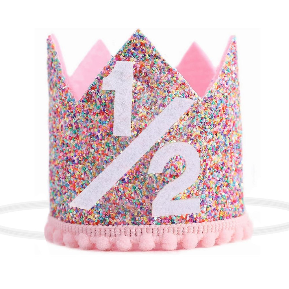 Alainzeo Rainbow Half Birthday Party Crown, 1/2 Birthday Party hat for Baby Girl, Glitter Crown hat for 6 Month baby Birthday Decoration, Party Photo Prop, Glitter Rainbow