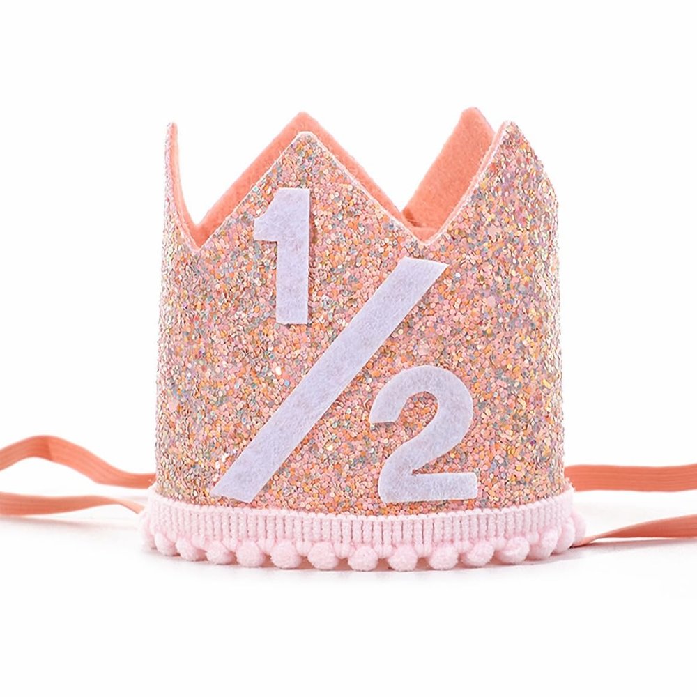 Alianzeo Half Birthday Party Crown, 1/2 Pink Birthday Party Hat for baby Girl or Boy, Glitter Crown hat for 6 Month baby Birthday Decoration, Party Photo Prop, Glitter Pink