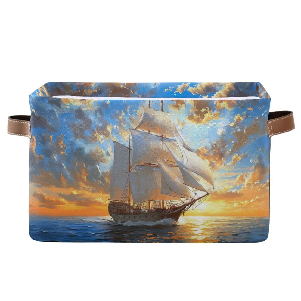 STAYTOP Large Storage Basket Sunset Sailing Collapsible Storage Bins Waterproof Laundry Basket with Handle,Used for Home Closets, Offices, Bedrooms 1PCS