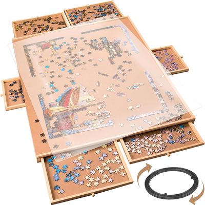 Rotating Wooden Puzzle Board for with 6 Storage Drawers & Protective Cover Jigsaw Puzzle Table - for Adults & Families Home Entertainment & Puzzle Building (2000 Piece Puzzle Board Rotating)