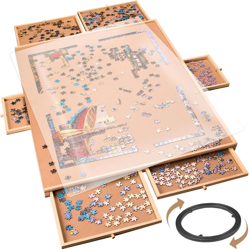 Rotating Wooden Puzzle Board for with 6 Storage Drawers & Protective Cover Jigsaw Puzzle Table - for Adults & Families Home Entertainment & Puzzle Building (2000 Piece Puzzle Board Rotating)