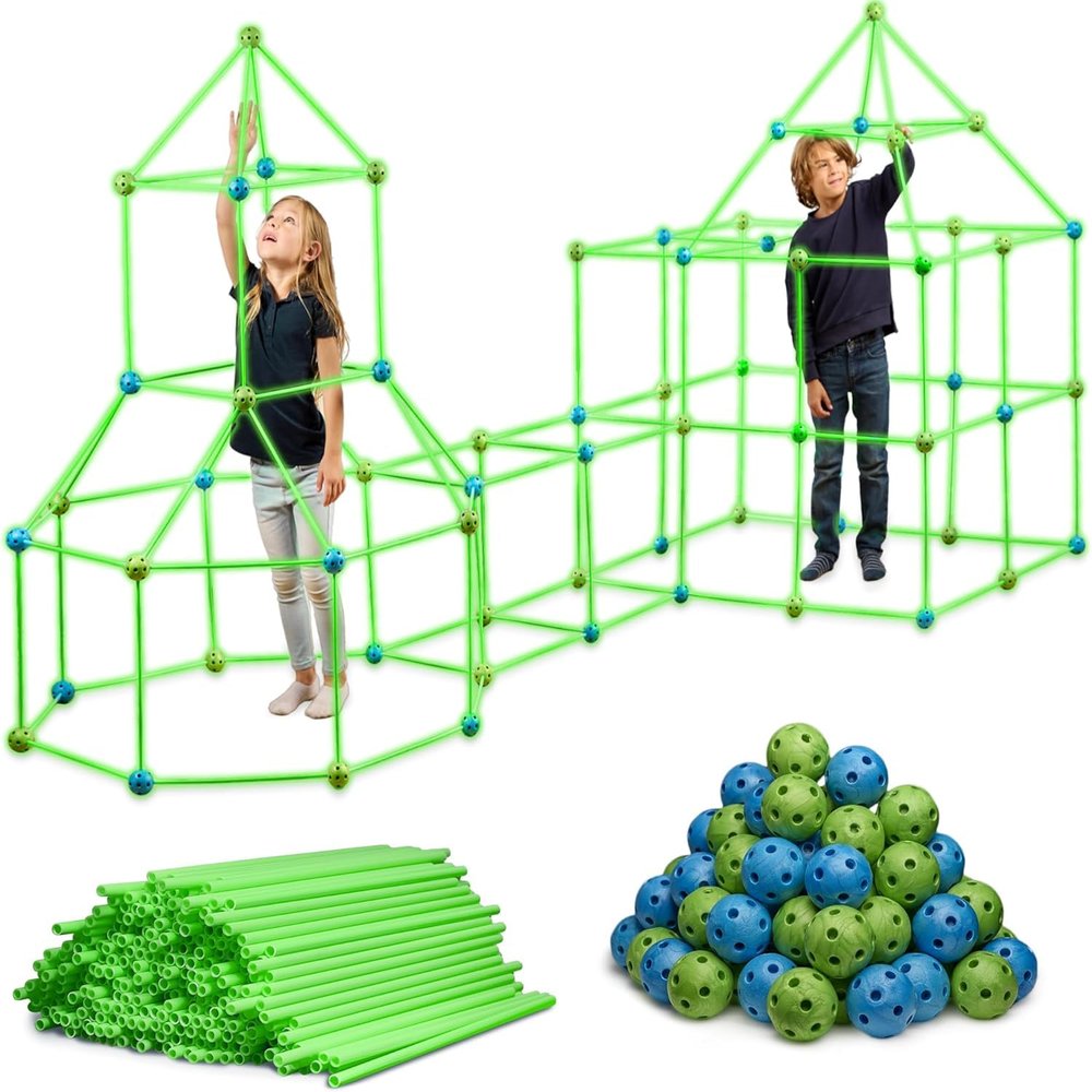 130 Piece Glow in The Dark Fort Building Kit - Indoor Play Engineering Set with Connecting Sticks & Balls - Creative STEM Building Toys