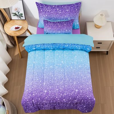JQinHome Toddler Bedding Sets for Girls,5 Piece Bed in A Bag 3D Blue Purple Comforter Set with 2 Pillowcases,1 Flat Sheet,1 Fitted Sheet(Blue Purple,Toddler Size 42" x 57")