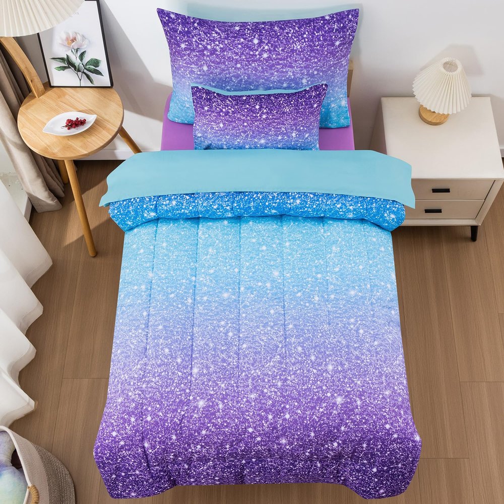 JQinHome Toddler Bedding Sets for Girls,5 Piece Bed in A Bag 3D Blue Purple Comforter Set with 2 Pillowcases,1 Flat Sheet,1 Fitted Sheet(Blue Purple,Toddler Size 42" x 57")
