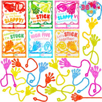 JOYIN 36 Packs Valentines Day Sticky Hands with Card, Valentine Party Favors, Classroom Exchange Gift for Kids, Holiday Reward Prizes