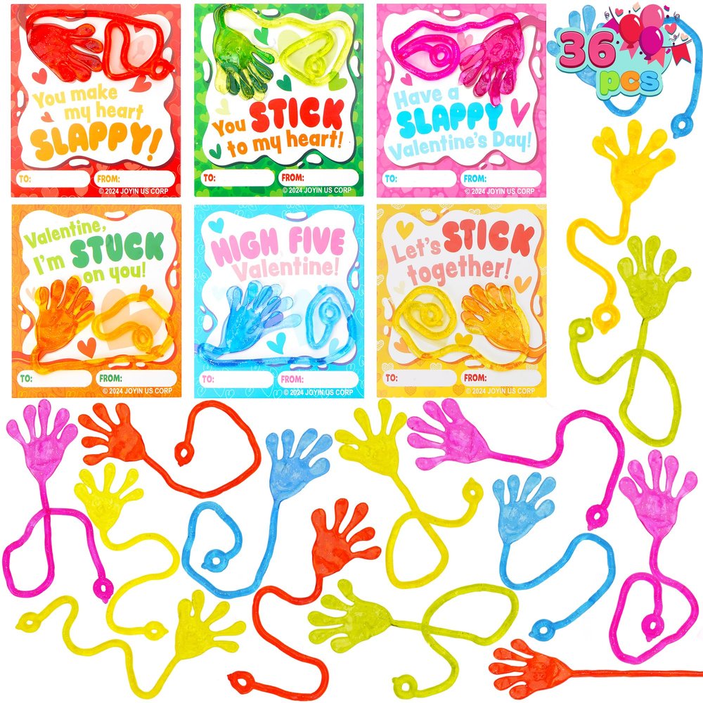 JOYIN 36 Packs Valentines Day Sticky Hands with Card, Valentine Party Favors, Classroom Exchange Gift for Kids, Holiday Reward Prizes