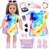 13 Pcs American 18 Inch Doll Accessories and Clothes, Doll Makeup Accessories Set Include Makeup Brush, Eye Shadow,Necklace, Shoulder Bag, Dress,Shoes,Bow Knot Hairpin(No Dolls) view 1